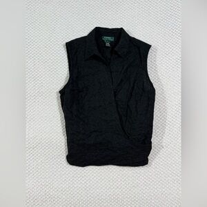 Lauren Ralph Lauren Black Eyelet Sleeveless Wrap Blouse Tie Back - Size L